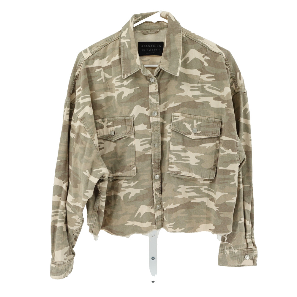 Allsaints Sol Shirt Jacket SZ 8 Shacket Cropped Camouflage Distressed Utility